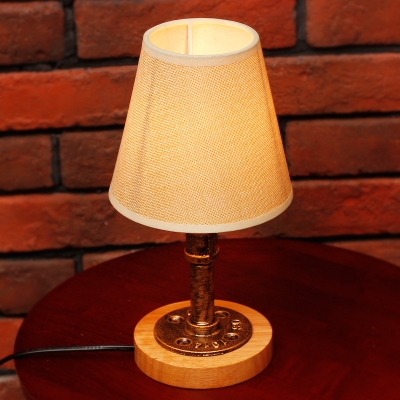 Industrial Vintage Table Lamp with Fabric Shade and Pipe Fixture Arm