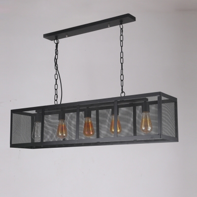 Industrial 39''W Island Light with 5 Light and Metal Cage in Bar Style, Black