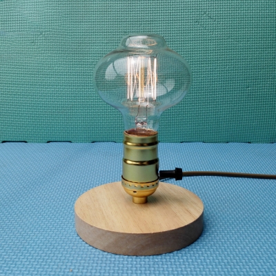 Industrial Mini Desk Lamp with Wooden Lamp Base in Open Bulb Style