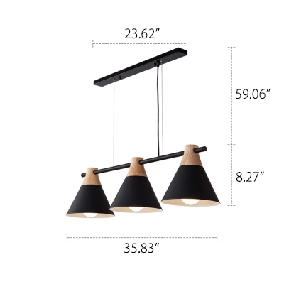 Industrial 3 Light Island Light with Cone Metal Shade in Nordical Style, Black