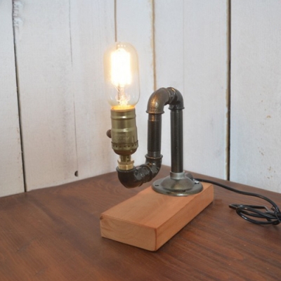 Industrial Vintage Table Lamp with Wooden Lamp Base in Pipe Style
