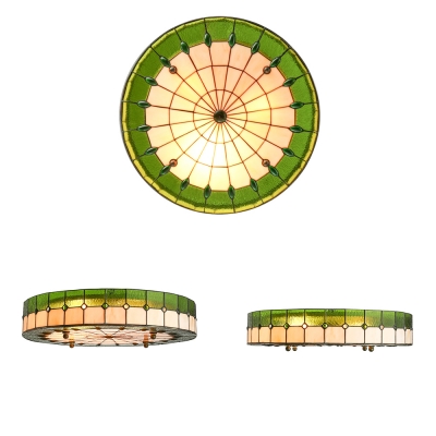 Drum Shade Green Stained Glass Tiffany Flush Mount Ceiling Light in Circular Grid Design