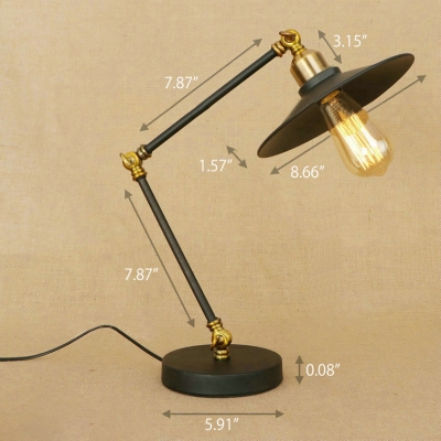 Industrial Vintage Desk Lamp with Adjustable Fixture Arm and Saucer Metal Shade, Black
