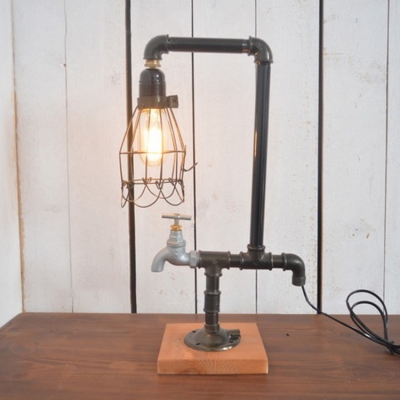 Industrial 18.5''H Table Lamp with Pipe Fixture Arm and Metal Cage in Vintage Style