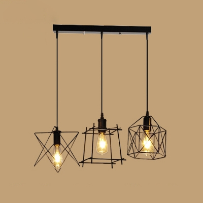 Industrial 20''W Multi Light Pendant with 3 Light and Metal Cage Frame in Black