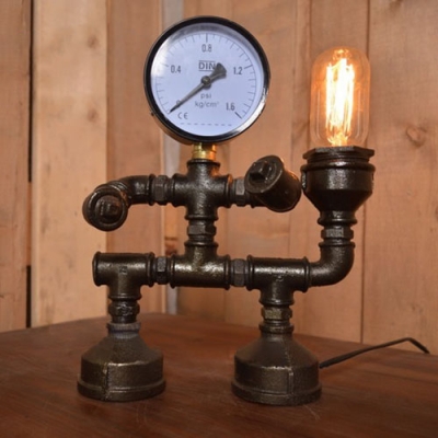 Industrial Vintage 9''W Table Lamp with Pressure Gauge in Pipe Style, Black