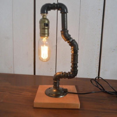 Industrial 13.4''H Table Lamp with Pipe Fixture Arm and Wooden Lamp Base