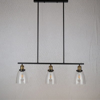 Industrial 34''W Island Light with Clear Glass Shade in Black Finish, 3 Light
