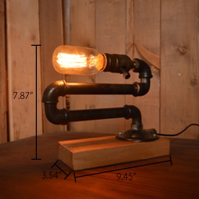 Industrial 9.4''W Table Lamp with Pipe Fixture Arm and Wooden Lamp Base in Vintage Style