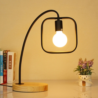 Industrial Table Lamp with Square Metal Frame and Wooden Lamp Base in Black/White