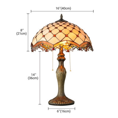 Tiffany Style Vintage Table Lamp with Dome Glass Shade in White with Amber Beads Accent