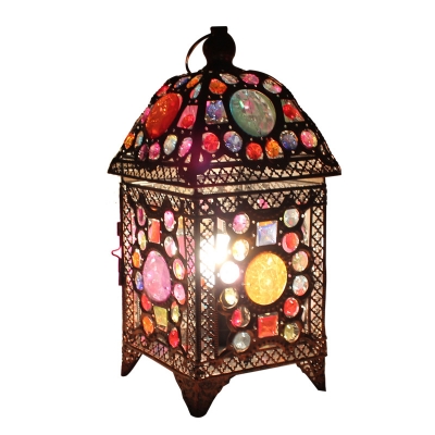 Tiffany 13" H Table Lamp with Lantern Style Shade in Mesh Cage, Single Light, Multi-Colored