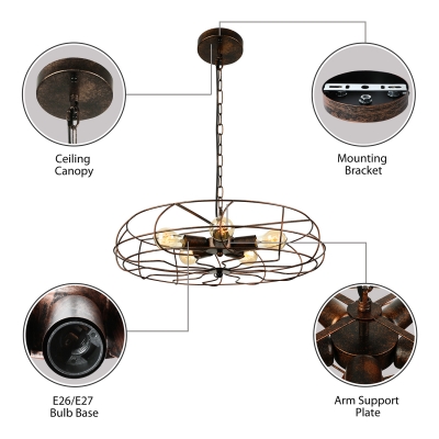 Industrial Fan LED Pendant Light Suspension in Wrought Iron Style, Five-light