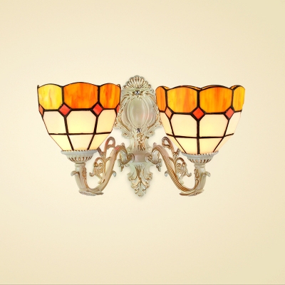 14" Wide 2-Light Tiffany Wall Sconce in Mediterranean Style with White and Orange Glass Shade