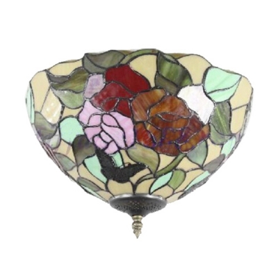 Beautiful Flower Pattern Tiffany Style Flush Mount Lamp with Multicolored Glass Shade, 12