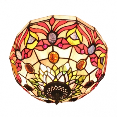 Red Rose Up Lighting Flush Mount Lamp with Tiffany-Style Stained Glass Shade, 12