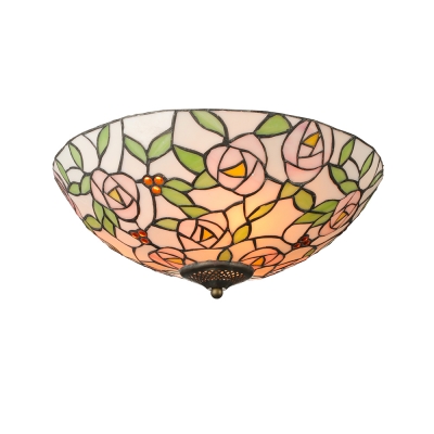 16" Wide Tiffany Round Glass Flush Mount Light with Pink Rose Pattern Glass Shade, 3-Light