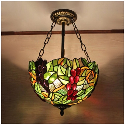 12-Inch Wide Tiffany Style Semi-Flush Ceiling Light with Fruit Theme Grape Pattern Glass Shade, 2-Light, Multi-Colored