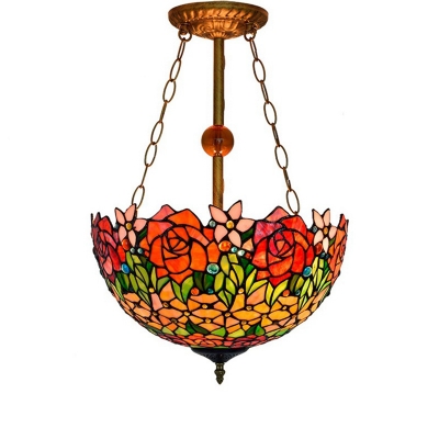 Inverted Semi-Flush Mount Ceiling Fixture with Red Rose Embellished, Tiffany Art Glass Shade in 16-Inch Wide, 3-Light