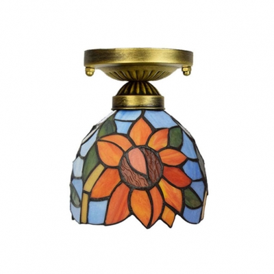Single Light Semi Flush Mount with Tiffany Style Floral Theme Glass Shade, 6-Inch Wide