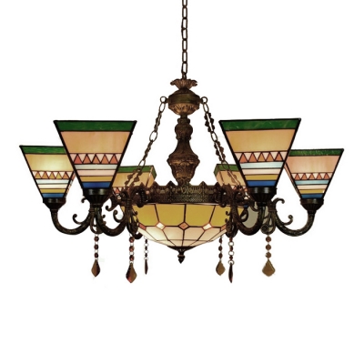 Tiffany Style 6 Light Triangle Glass Shade Hanging Chandelier with Bowl Pendant