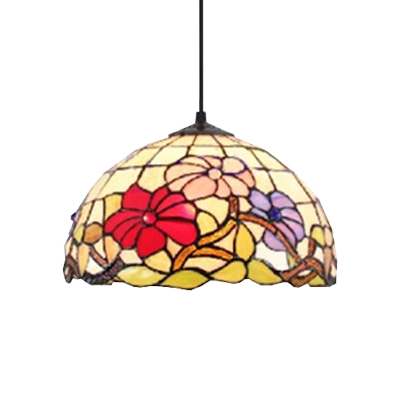 Multicolored Floral Pendant Light with Tiffany Art Glass Shade in Dome Shaped, 12