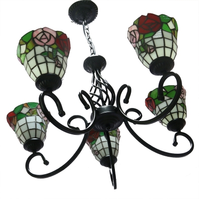 5 Light Vintage Style Hanging Chandelier with Inverted Stained Glass Shade