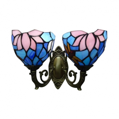 Vintage 16-Inch Wide Tiffany Upward Wall Sconce with Dragonfly Floral Style, 2-Light