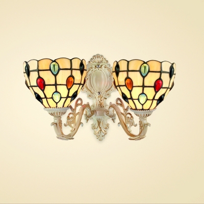 Tiffany-Style Upward Wall Sconce with Grid Pattern Embellished in Multicolor, 2-Light 