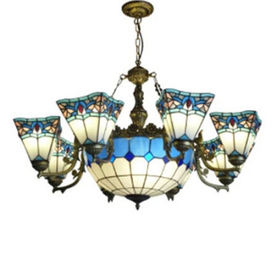 Baroque Style Tiffany Stained Glass Inverted Chandelier with Blue&White Checkered Center Bowl Shade