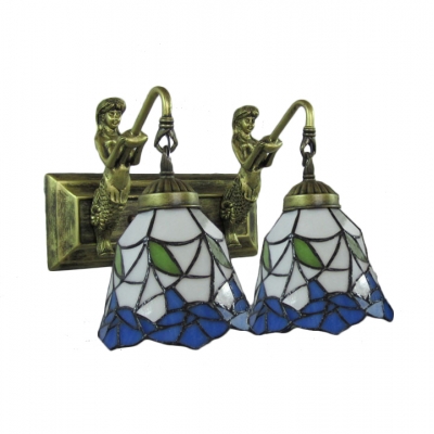 Belle Supported 2 light Bell Shaped Wall Sconce with Blue Flower and Green Leaf Pattern in Tiffany Style