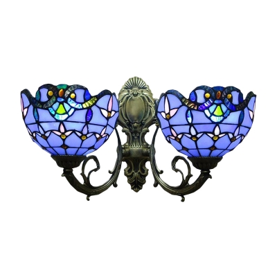Blue&White Baroque Tiffany-Style 2 Light Inverted Stained Glass Shade Sconce
