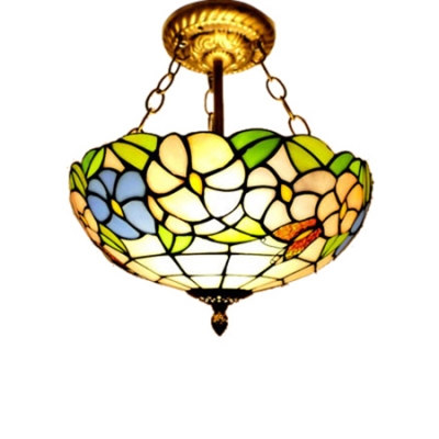 12/16-Inch Wide Tiffany Floral Theme Inverted Pendant Light in Floral Style, Antique Brass Finish