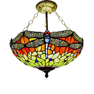 Colorful Dragonfly 2/3- Light Inverted Hanging Lamp with Tiffany Classic Art Glass Shade, 12/16-Inch Wide, Aged Brass Finish
