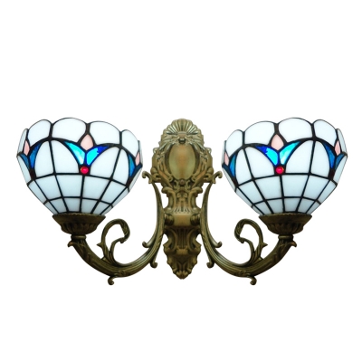 Simple Tulip Theme Tiffany Two Light Wall Sconce with Dome Shaped Glass Shade in White, 16-Inch Wide