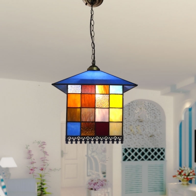 Multicolored Glass Shade Lodge Shaped Hanging Pendant for Living Room, Tiffany Vintage Style 6-Inch