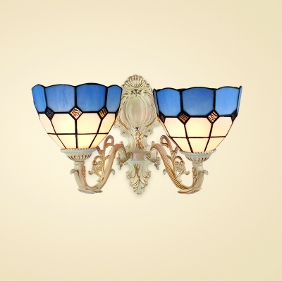 14" Wide 2-Light Tiffany Wall Sconce in Mediterranean Style with White and Blue Glass Shade