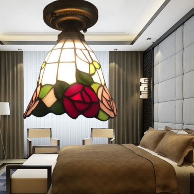 Floral Theme Bell Shaped Flush Mount Ceiling Light with Tiffany-Stlye Multi-Colored Glass Shade