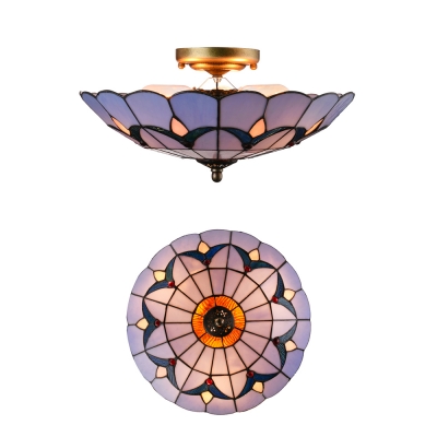 Tulip Pattern Tiffany Flush Mount Ceiling Fixture with Stained Glass Shade in Blue, 16