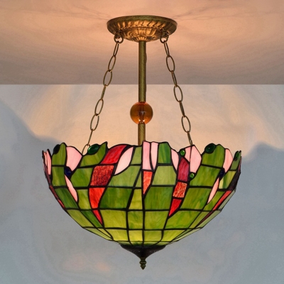 Three Light Inverted Pendant Light Tiffany Style Semi-Flush Mount Ceiling Fixture with 16