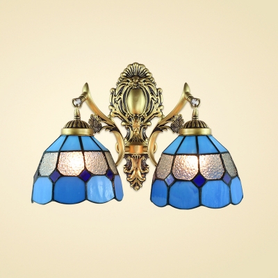 2-Light 14" Wide Tiffany Wall Sconce in Mediterranean Style with Blue and White Glass Shade