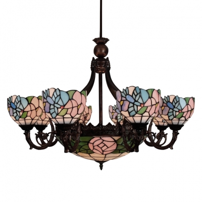 8 Arms Dragonfly&Floral Hanging Inverted Pendant Light with Stained Glass Bowl Shade