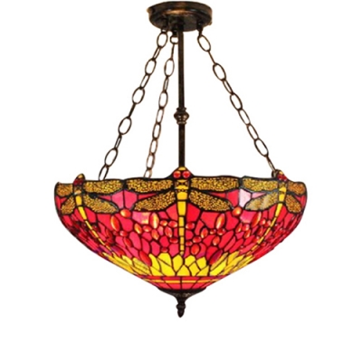 16/18 Inch Wide Dragonfly Theme Tiffany Colorful Stained Glass Pendant Light with Inverted Bowl Shade