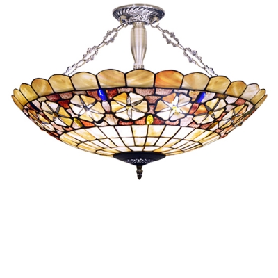 Hollowed-Out Floral Theme Inverted Ceiling Light Tiffany Style Colorful Stained Glass Semi Flush Mount Light