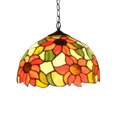 Two Light Ceiling Fixture Tiffany Sunflower Series Pendant with Dome Glass Shade, 16