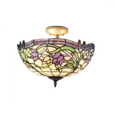 2-Light Inverted Semi-Flush Mount Ceiling Fixture with Vivid Pattern Glass Shade, Burnished Brass