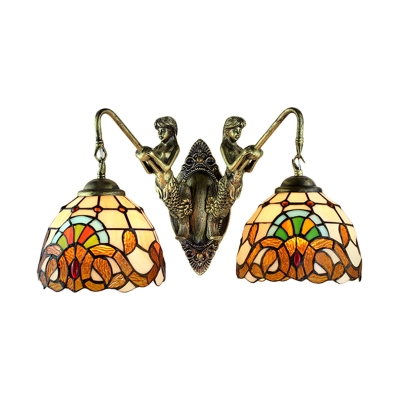 Tiffany Dome Shaped 2-Light Wall Sconce with Mermaid Supported in Baroque Style, Multicolored, 14-Inch Wide