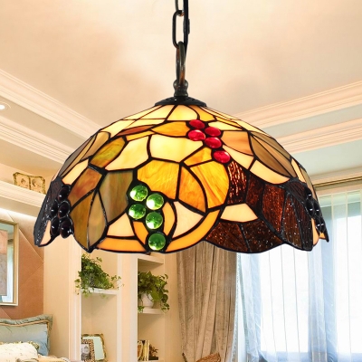2 Light 12-Inch Wide Ceiling Pendant with Fruit Pattern Glass Shade Multicolored in Tiffany Style