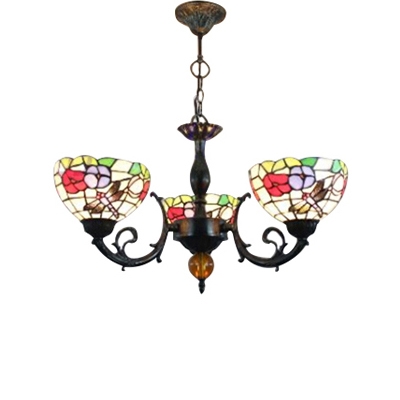 Three Light Dragonfly Mix Flowers Chandelier with Multicolored Glass Shade