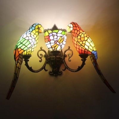 Three Light Wall Sconce with Tiffany Colorful Parrot Shaped Shade, 27" Wide